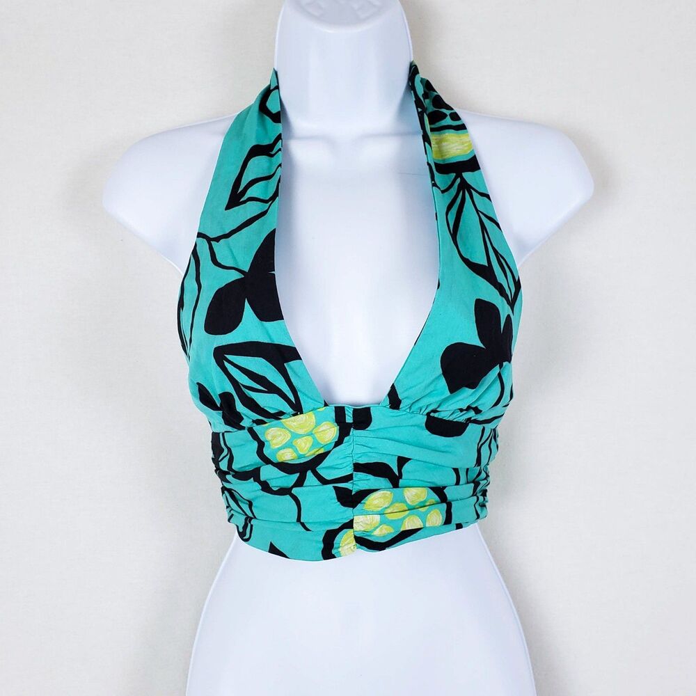 Zara Euro Summer Tropical Resort Halter Crop Top Womens S Floral Island Green